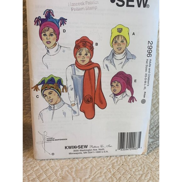 Kwik Sew Adult Child Hat Sewing Pattern sz XS S M L XL 2996 - uncut - Picture 2 of 9